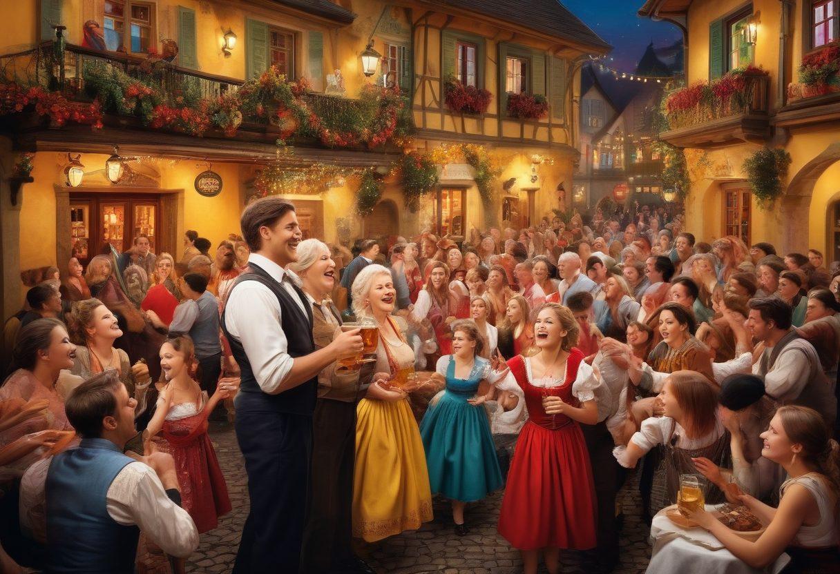 A vibrant collage showcasing iconic elements of German entertainment, including scenes from popular films, theater, and music festivals. Include joyful characters watching a lively performance in a picturesque outdoor setting, adorned with traditional German décor. Use bright, cheerful colors to evoke a sense of fun and enthusiasm, and incorporate subtle German cultural references like beer steins and festive decorations. The overall ambiance should be warm and inviting, celebrating the essence of togetherness in entertainment. super-realistic. vibrant colors.