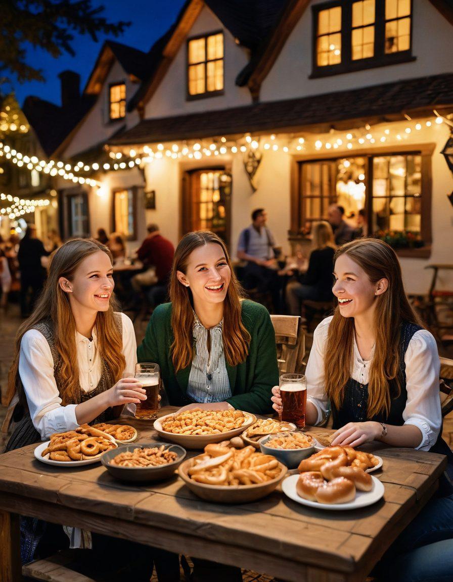 A vibrant scene depicting an enthusiastic group of diverse friends laughing and enjoying traditional German snacks while watching a classic German film on a large screen outdoors, surrounded by colorful fairy lights and a picturesque German village in the background. Include iconic elements like pretzels and beer steins to enhance the festive ambiance. super-realistic. vibrant colors. warm evening glow.