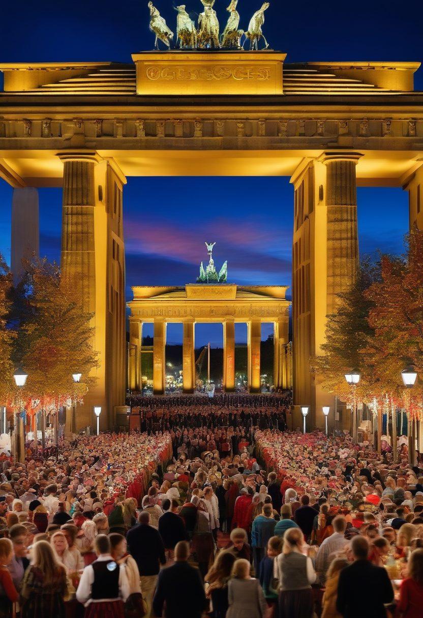 A vibrant collage depicting various forms of German entertainment, featuring joyful people at a traditional Oktoberfest celebration, playful kids enjoying a puppet show, and friends watching a lively film in a cozy cinema. Bright colors, musical notes swirling around, and iconic German landmarks subtly in the background like the Brandenburg Gate. super-realistic. vibrant colors. dynamic composition.
